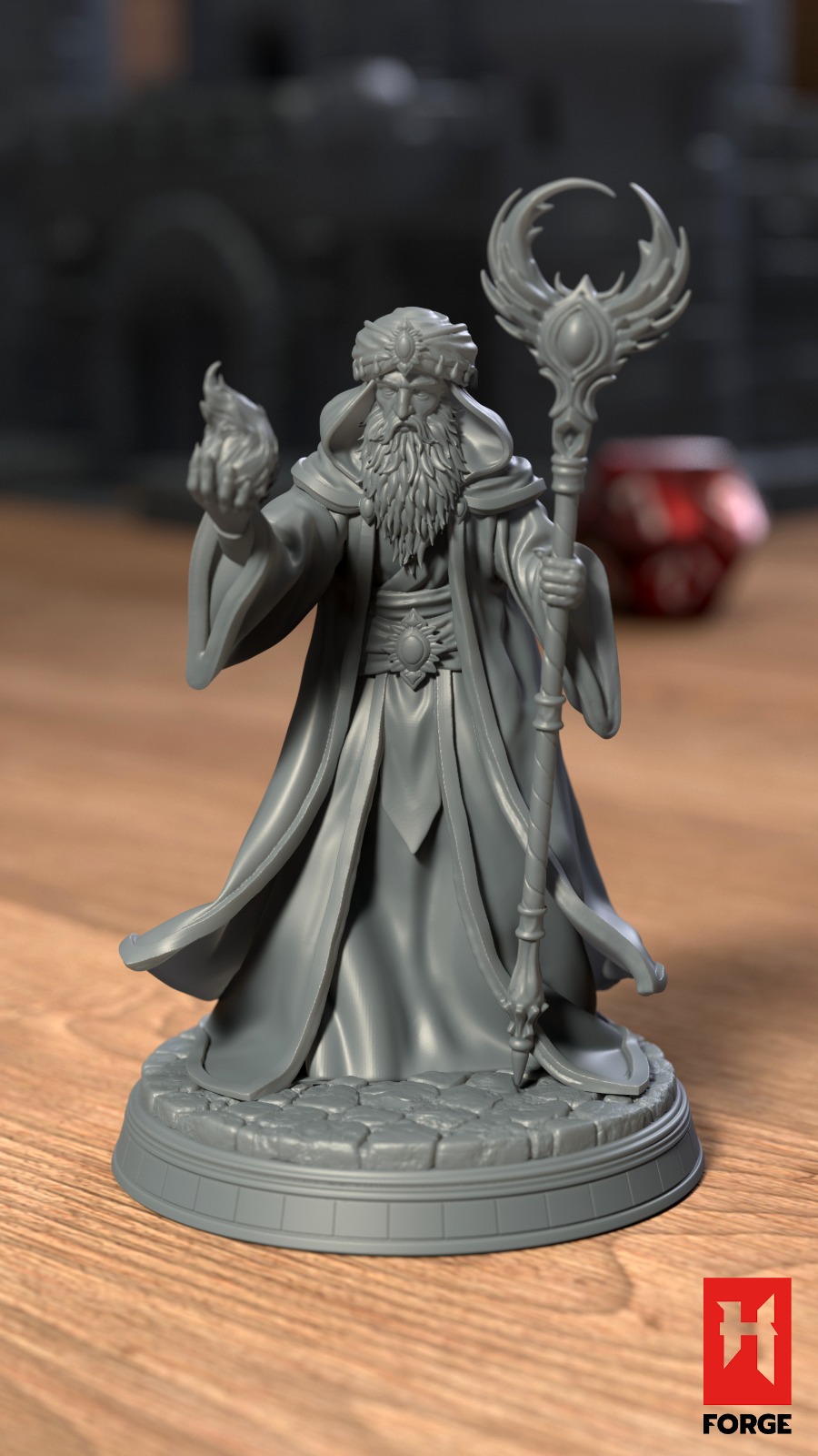 Human Wizard miniature on a tabletop with dice